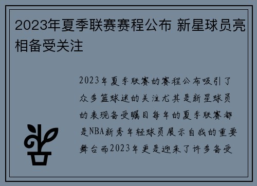 2023年夏季联赛赛程公布 新星球员亮相备受关注