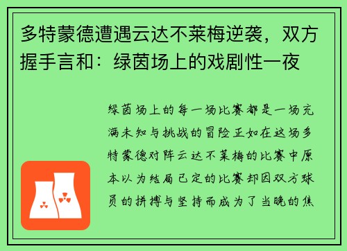 多特蒙德遭遇云达不莱梅逆袭，双方握手言和：绿茵场上的戏剧性一夜